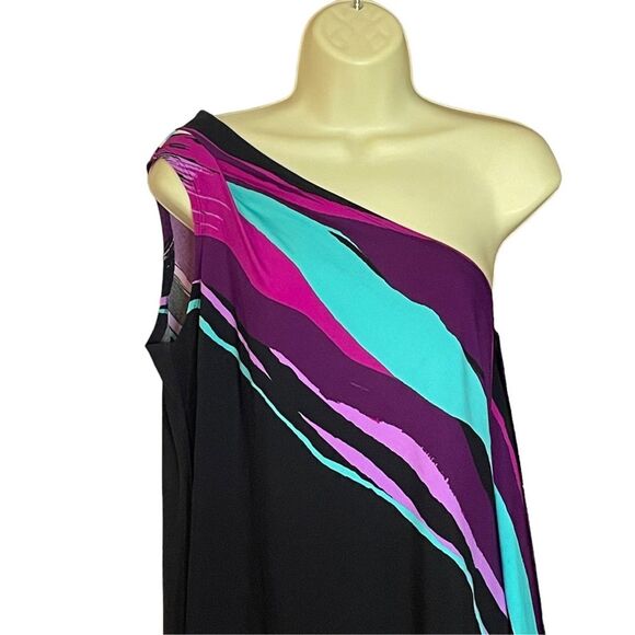 Cynthia Rowley Black Purple Turquoise One Shoulder Handkerchief Dress, size 12 - Picture 2 of 7